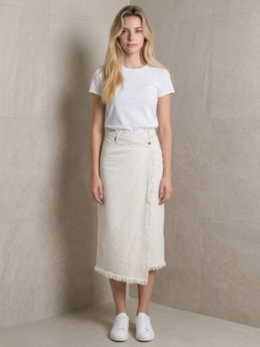 Jonathan Simkhai Standard Ecru Denim Wrap Midi Skirt Frayed Hem, Size 28